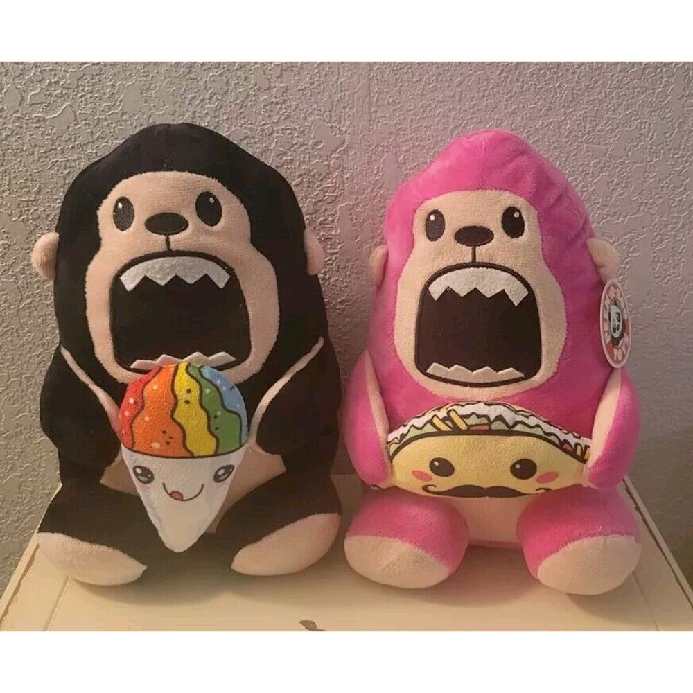Lot of 2 Peek-a-Boo Toys 10" - Pink Gorilla w/Taco NWT - Black Gorilla w/Cone EU
